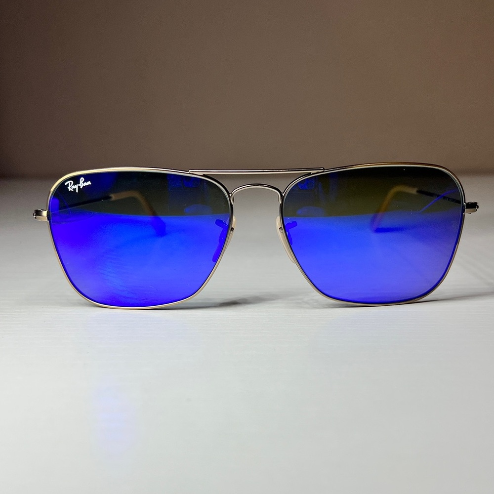 Ray-Ban Gold Frame Sunglasses with Blue Mirror Lenses